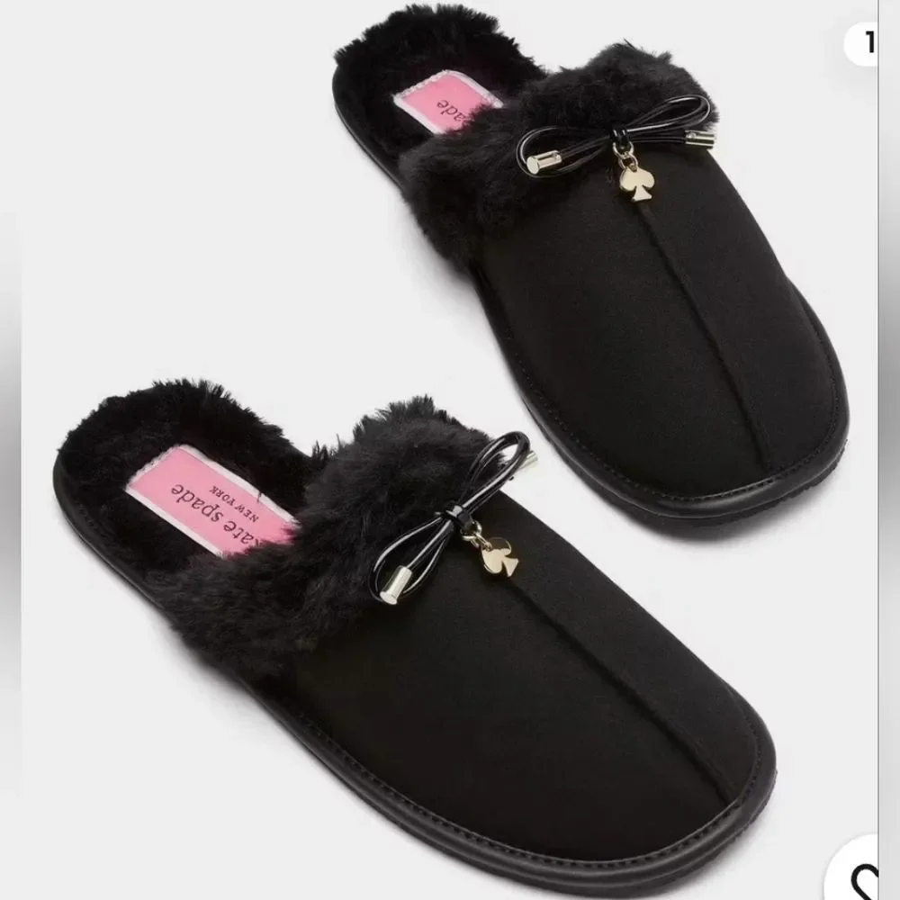 Kate Spade Black Fuzzy Fur Lacey House Women's Slippers 10
